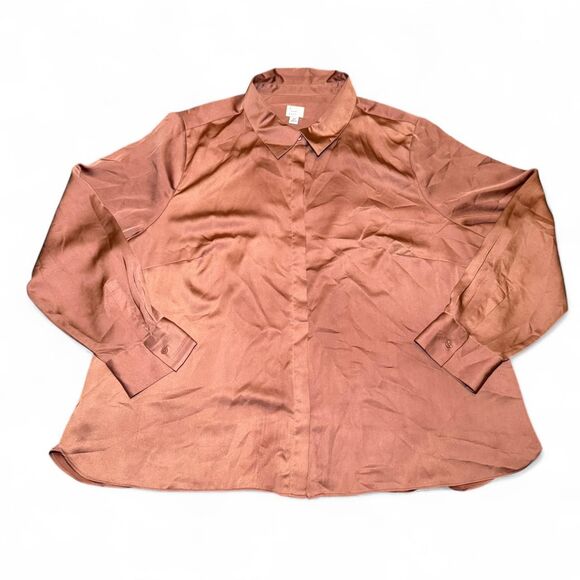 A New Day Women’s 2X Brown Satin Button Down Blouse Long Sleeve Plus - Picture 5 of 5